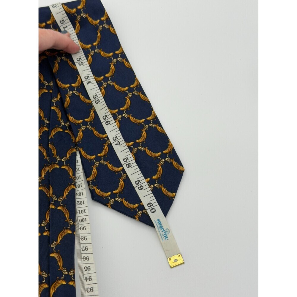 Vintage Lanvin Paris 100% Silk Blue Gold Bird Banana Print Men’s Tie Luxury - Picture 5 of 6